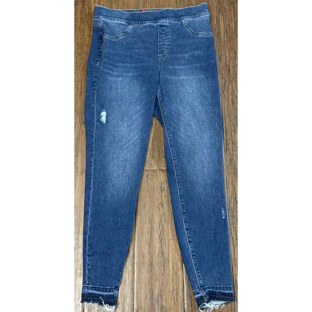 SPANX Jean-ish Skinny Jeans Large Dark Wash Raw Hem Pull On Tummy Control
